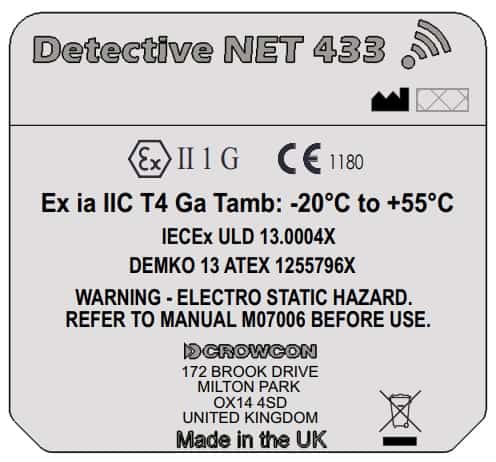 Crowcon Detective NET 433 - Certification Markings