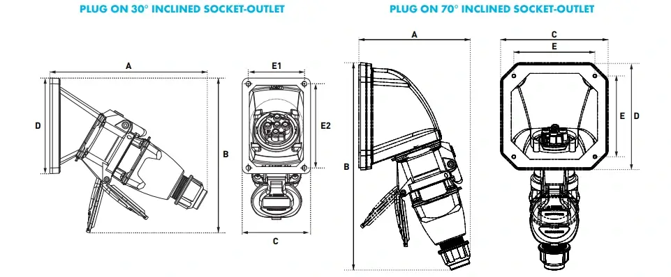 Marechal Inclined Outlet Plugs & Sockets 30 70 - Technical Drawings & Dimensions