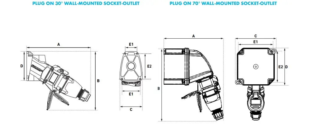 Marechal Wall-Mounted Outlet Plugs & Sockets 30/70 - Technical Drawings & Dimensions