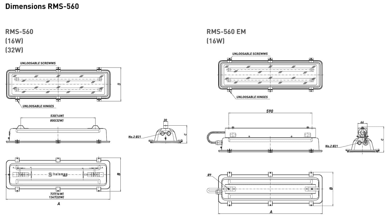 Increased Safety Hazardous Area Technor LED RMS 560 Lighting - Dimensions