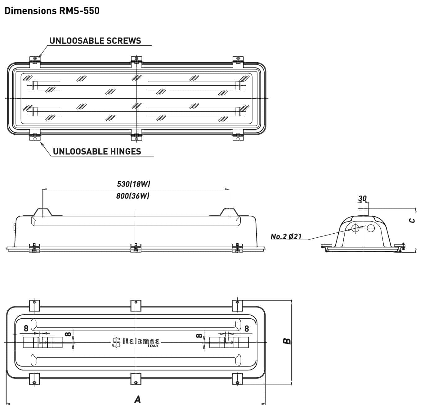 Hazardous Area Technor RMS 550 Fluorescent Lighting - Dimensions