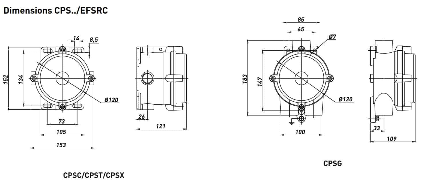 Push Button Control Station (Aluminium) Hazardous Area Zone 2 ATEX - Technor CP/EFSRC - Dimensions