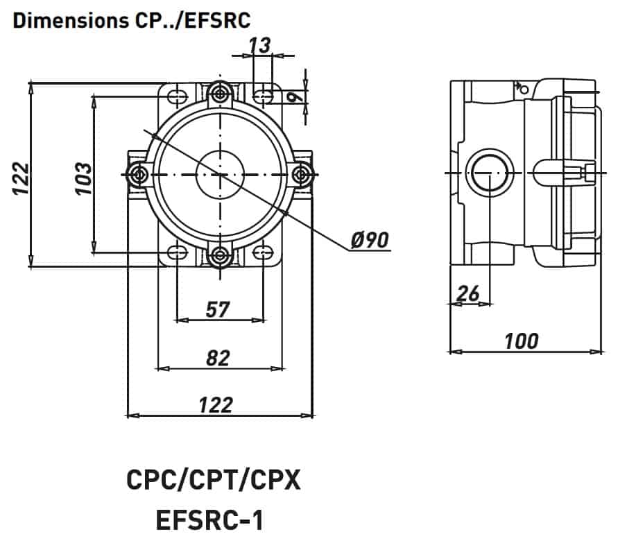Push Button Control Station (Aluminium) Hazardous Area Zone 2 ATEX - Technor CP/EFSRC - Dimensions
