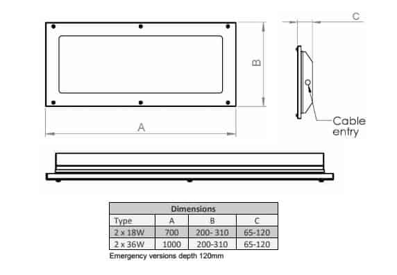Zone 1 Increased Safety Recessed Fluorescent Abtech Xena - Dimensions