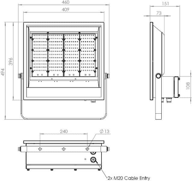Zone 1 LED Floodlight Abtech Gamma Flood/Lowbay - Dimensions