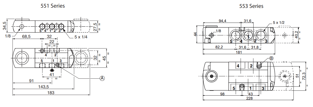 ASCO 551 - 553 3/2 Ex d Flameproof Valves | Dimensions (mm)