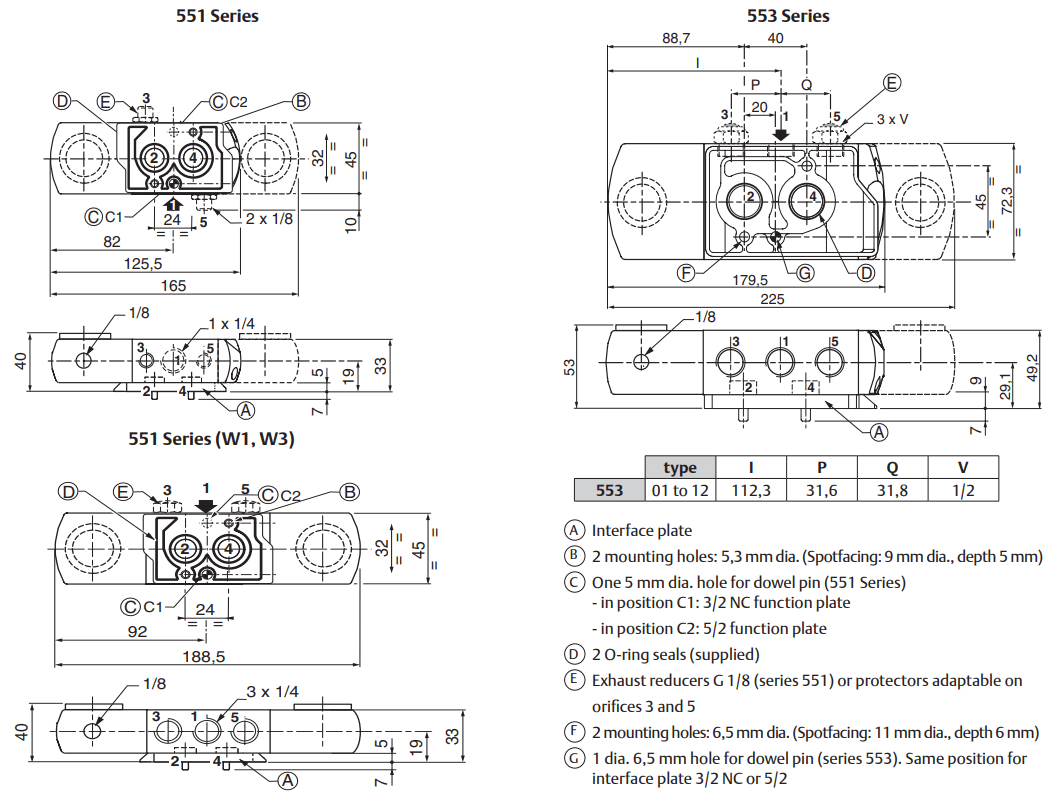 ASCO 551 - 553 NAMUR 3/2 NC - 5/2 - 5/3 Solenoid Valves | Dimensions (mm)