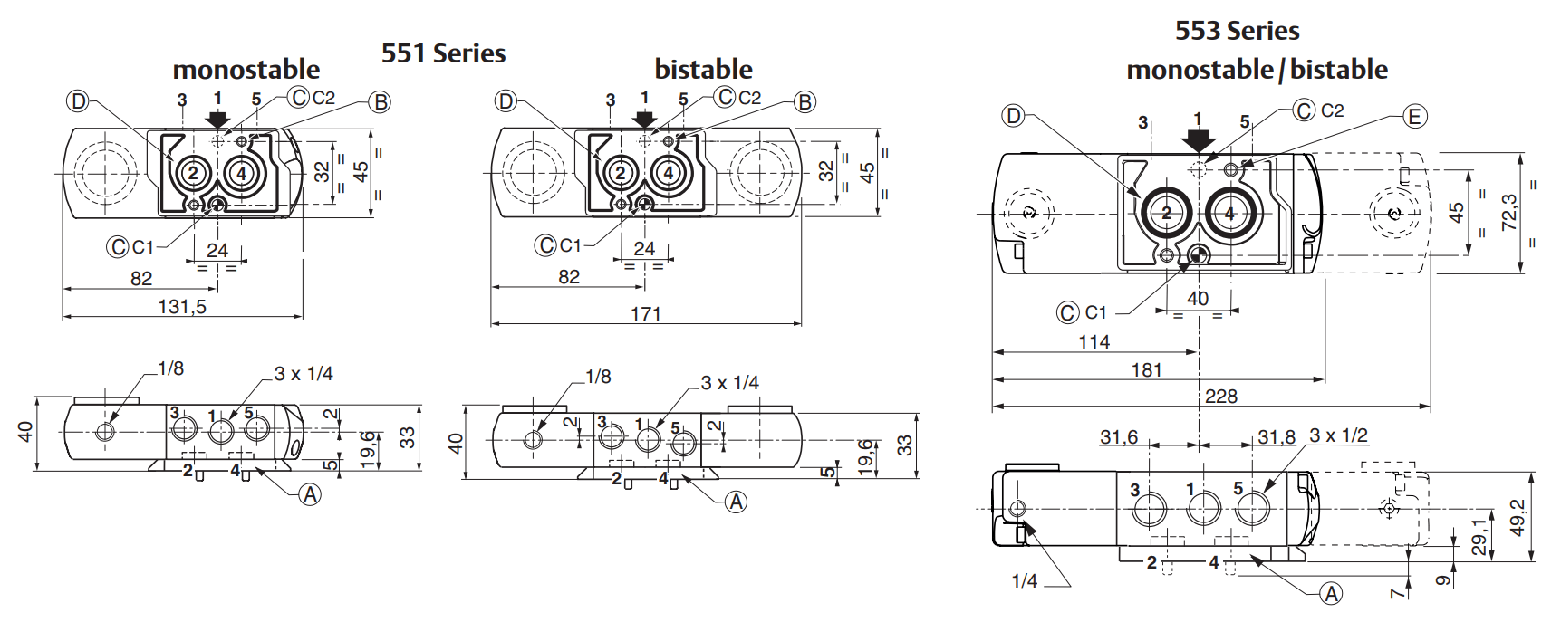 ASCO 551 - 553 NAMUR Ex d Flameproof Valves | Dimensions (mm)