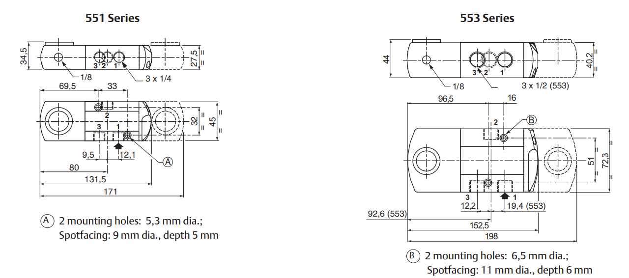 ASCO 551 - 553 3/2 NC Solenoid Valves | Dimensions (mm)