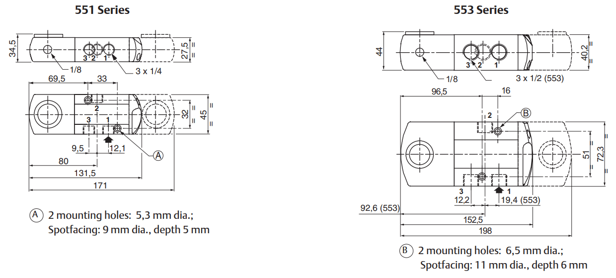 ASCO 551 - 553 3/2 Ex m Encapsulated Valves | Dimensions (mm)