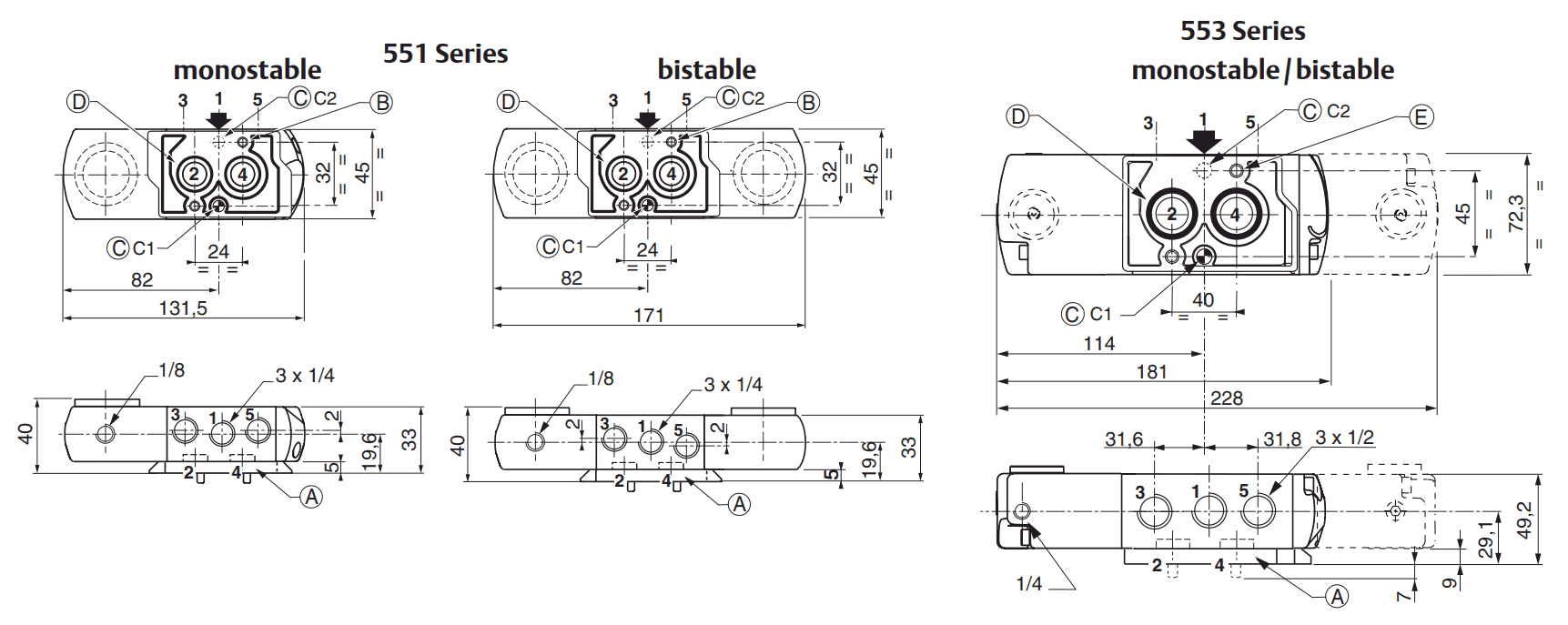 ASCO 551 - 553 NAMUR Ex m Encapsulated Valves | Dimensions (mm)