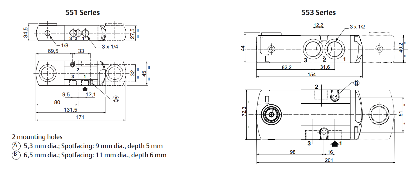ASCO 551 - 553 3/2 Ex d Flameproof Valves | Dimensions (mm)