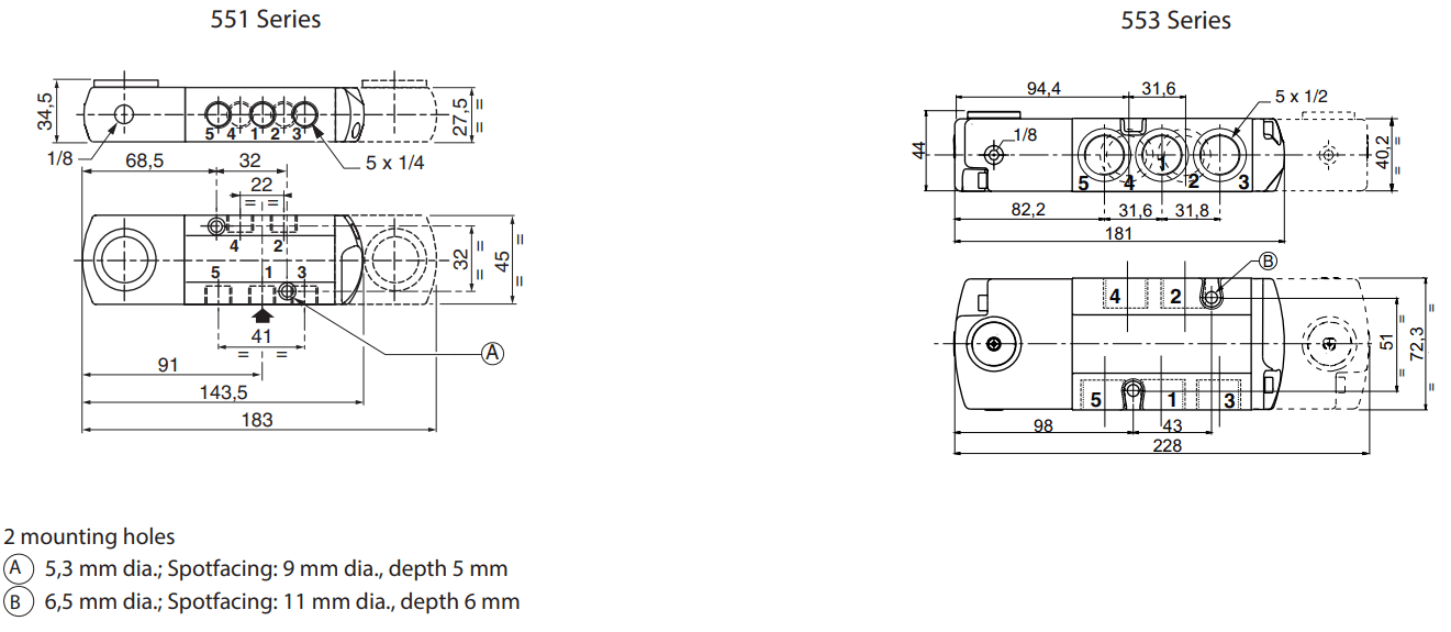 ASCO Solenoid Valves 551-553 5/2 5/3 | Dimensions (mm)