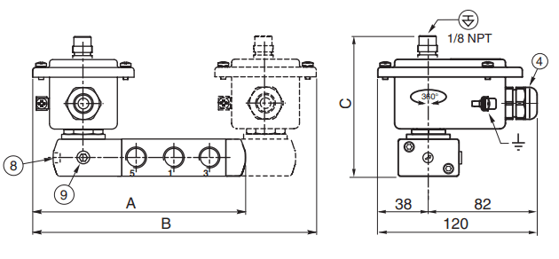 ASCO Solenoid Valves 551-553 5/2 5/3 | Type 09 | Dimensions (mm)