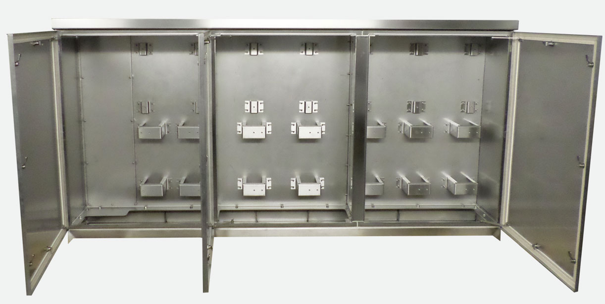Thorne & Derrick provide both standard and customer designed ATEX Enclosures - this includes enclosures with ATEX Certification suitable for flammable gas (Zone 1/2) and combustible dust (Zone 21/22) potentially explosive atmospheres manufactured from stainless steel, GRP or aluminium. ATEX Enclosures | 3 door high voltage enclosure with weather cover