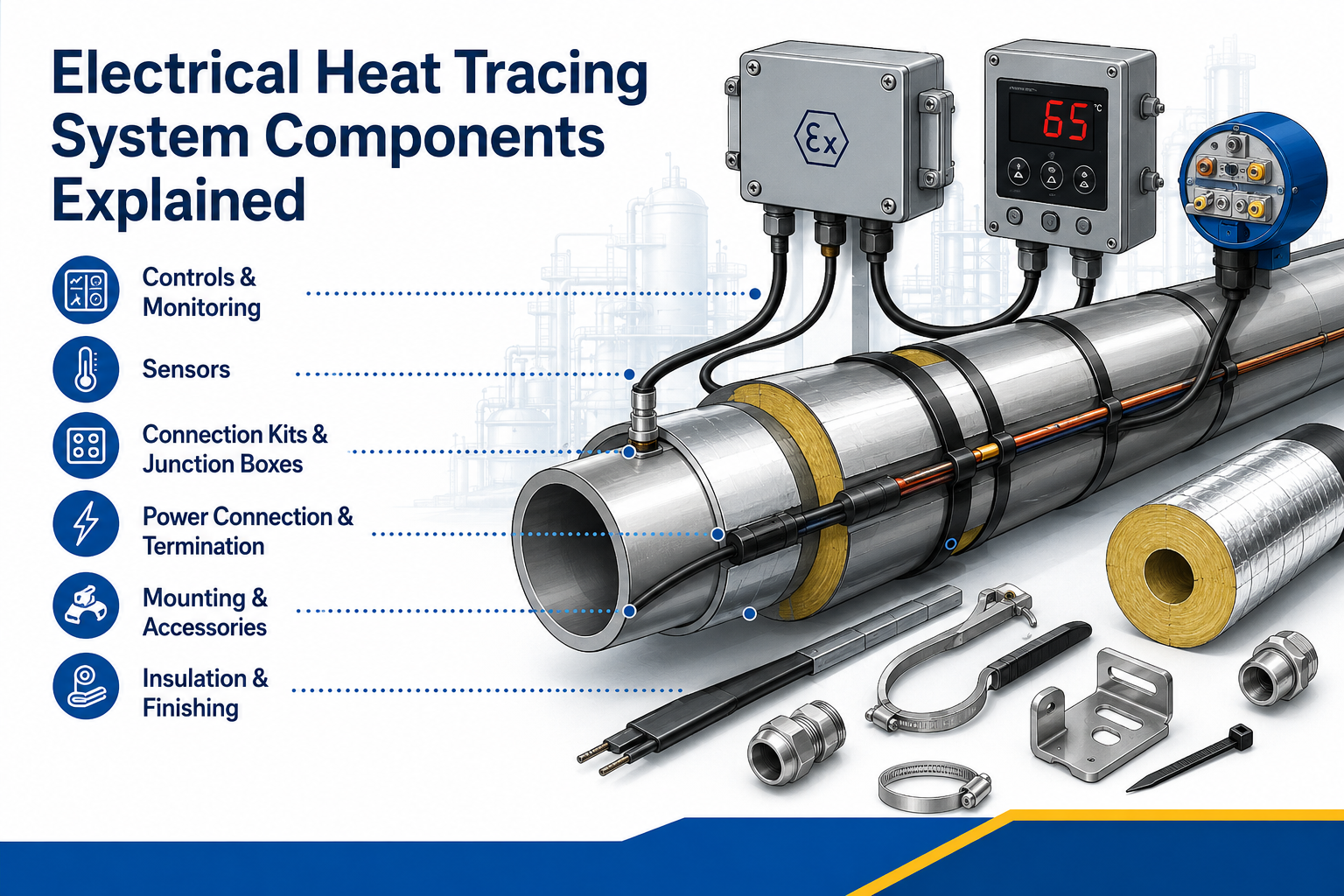 Electrical heat tracing system components including cable controls sensors and connection kits