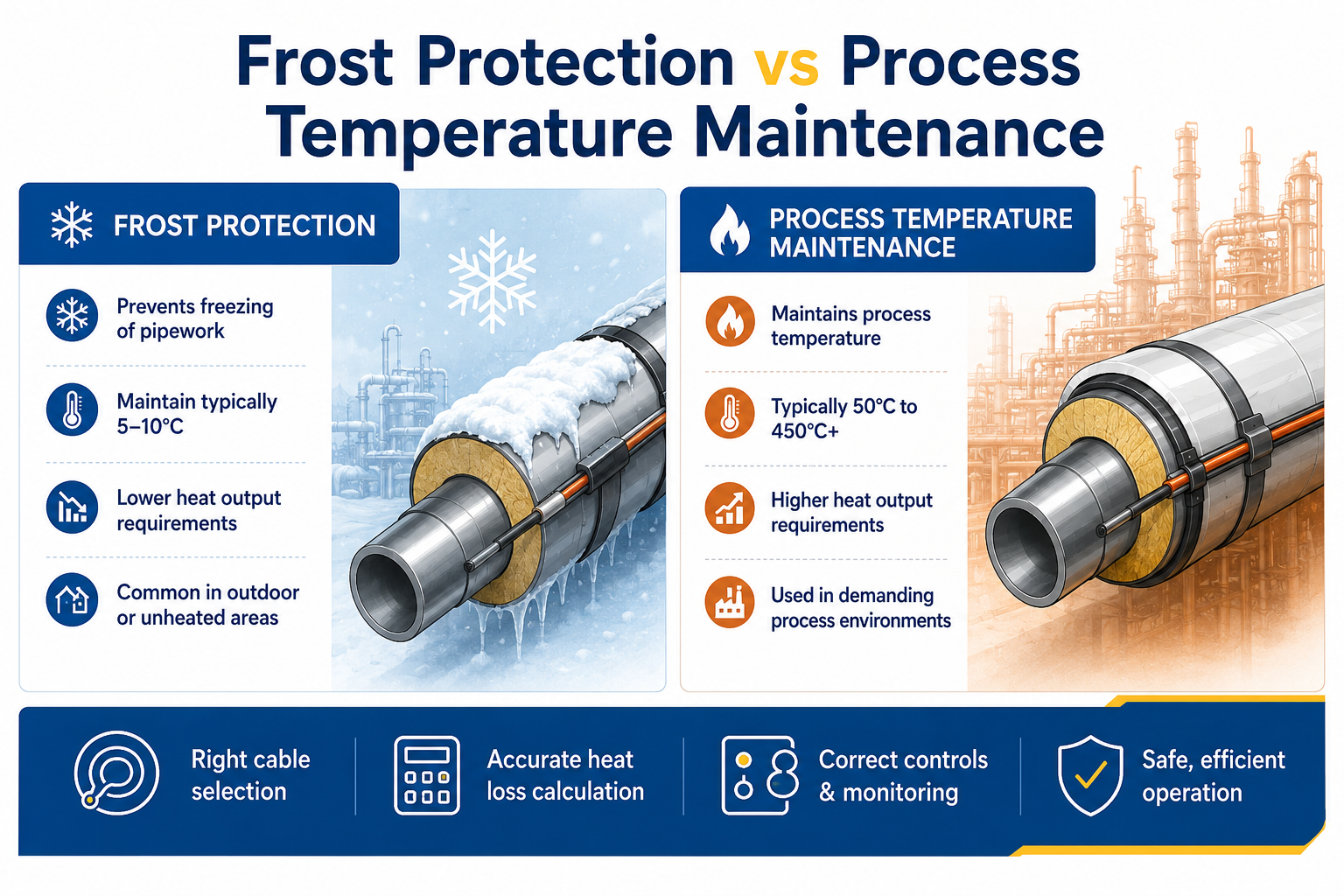 Comparison of trace heating frost protection and process temperature maintenance