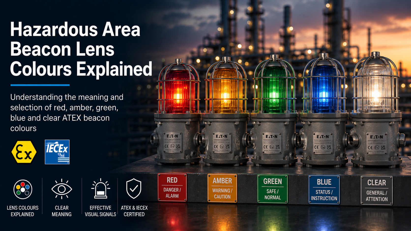 Red amber green blue and clear hazardous area beacon lens colours