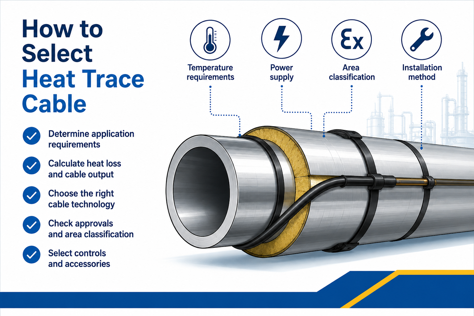 Engineer selecting heat trace cable for industrial insulated pipework