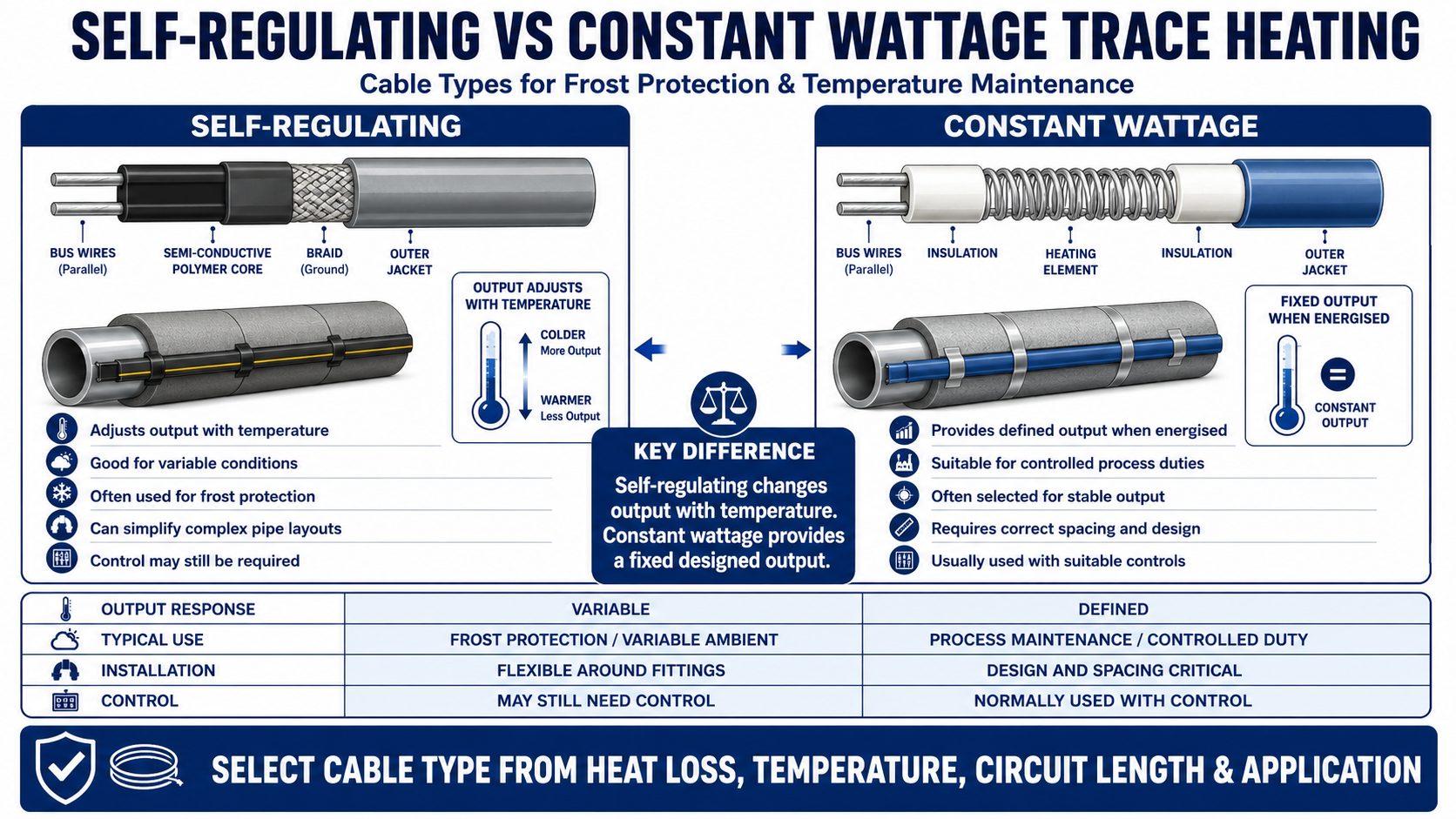 Self-regulating and constant wattage trace heating cable comparison