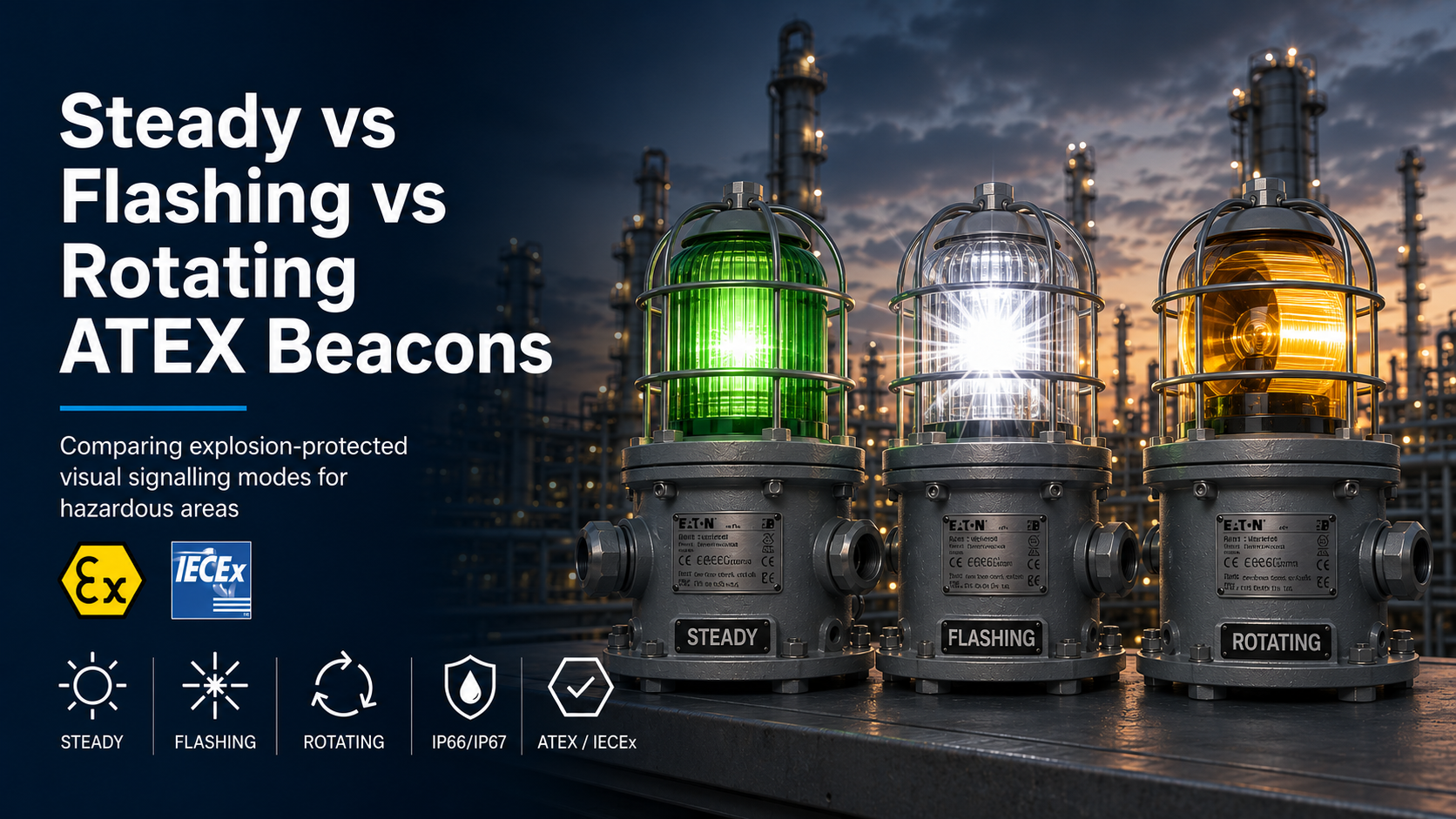 Steady flashing and rotating ATEX beacon signals compared in a hazardous area