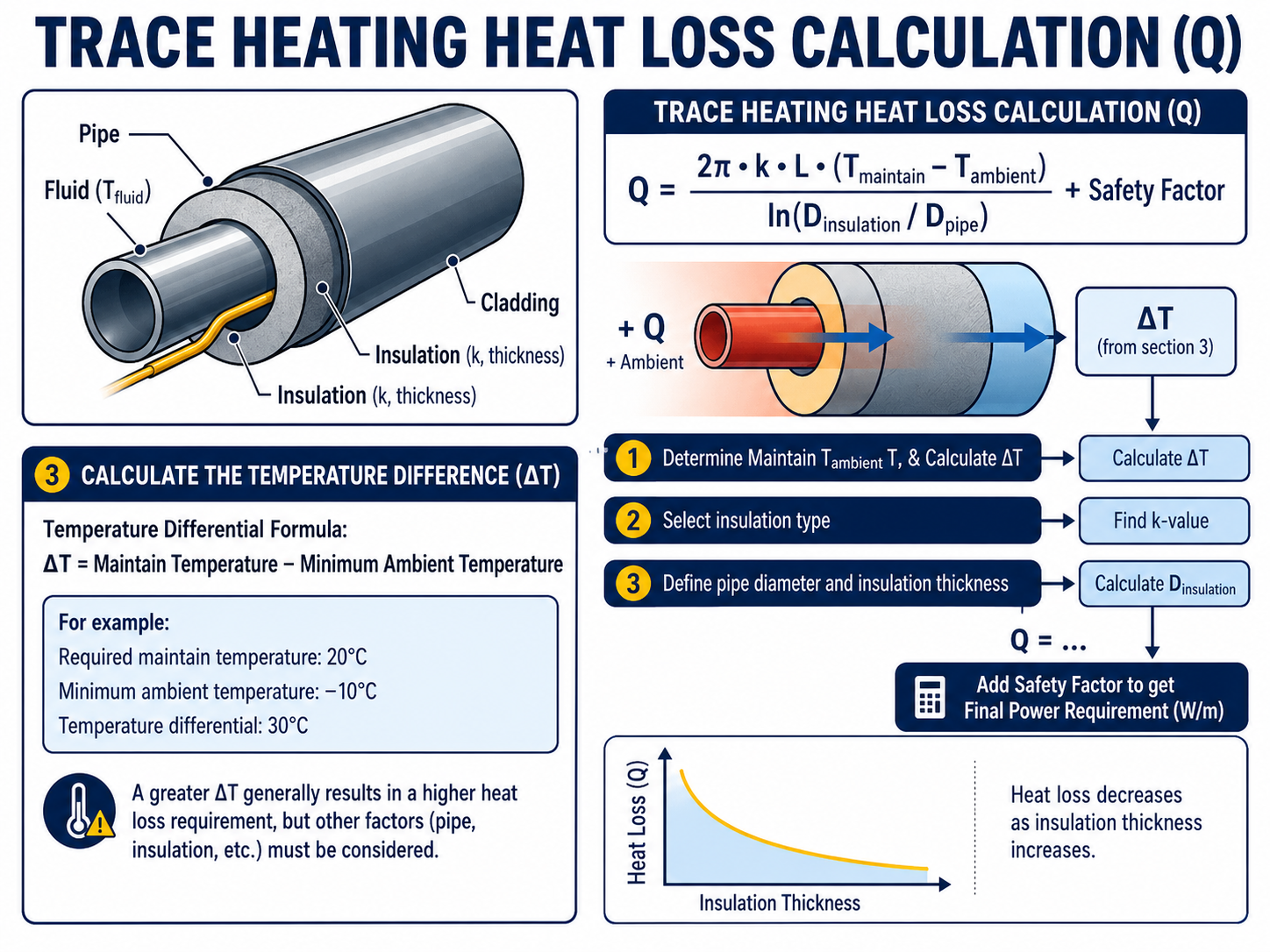 Trace heating heat loss calculation for insulated industrial pipework
