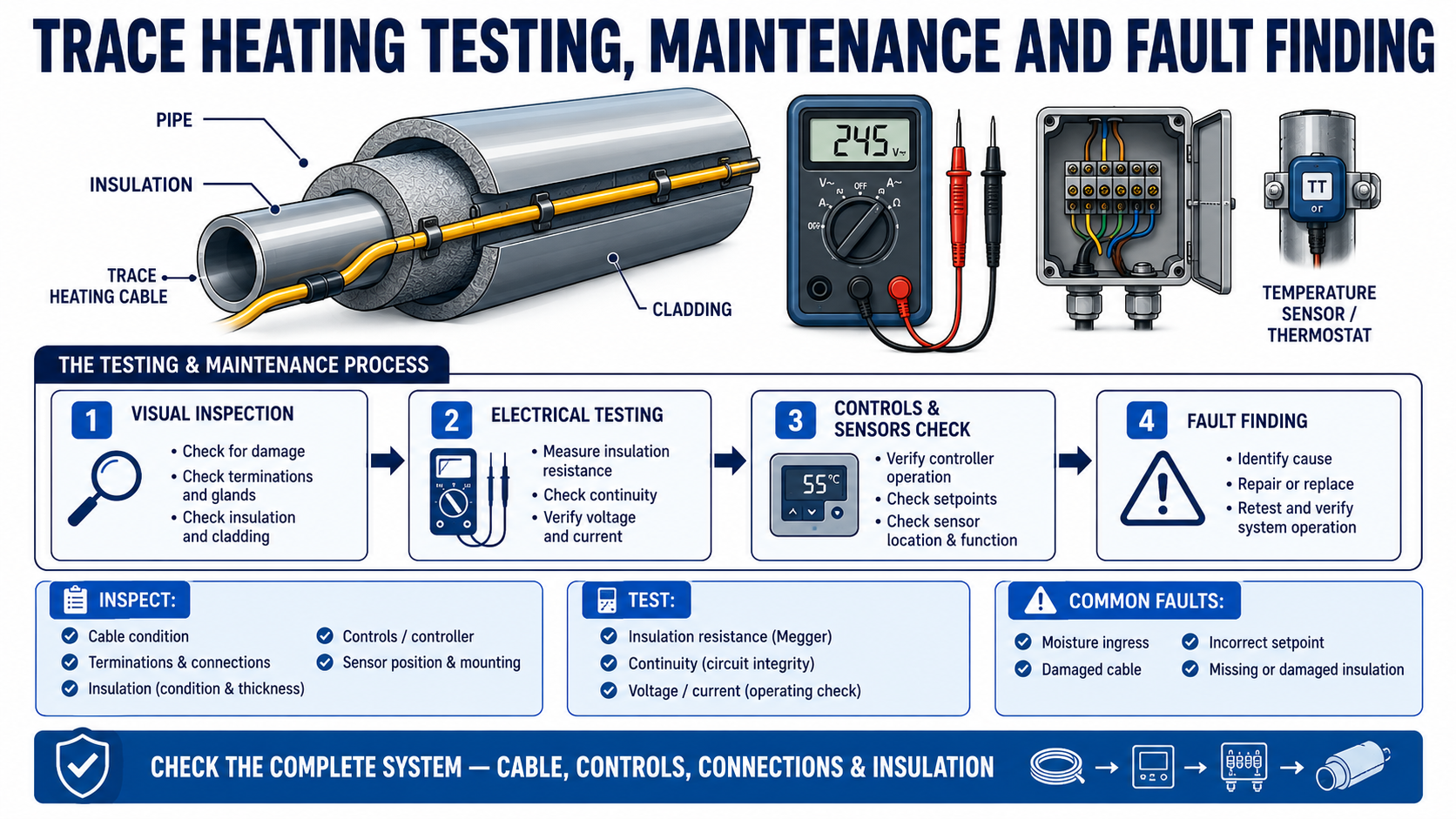 Trace heating testing maintenance and fault finding on industrial pipework