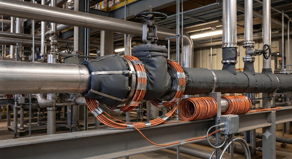Trace heating cable allowance around valves flanges and pipe supports