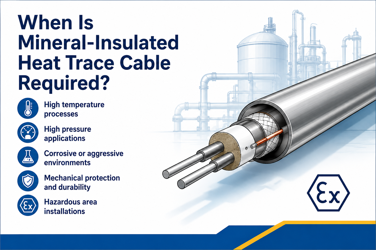 Mineral-insulated heat trace cable installed on high-temperature industrial pipework